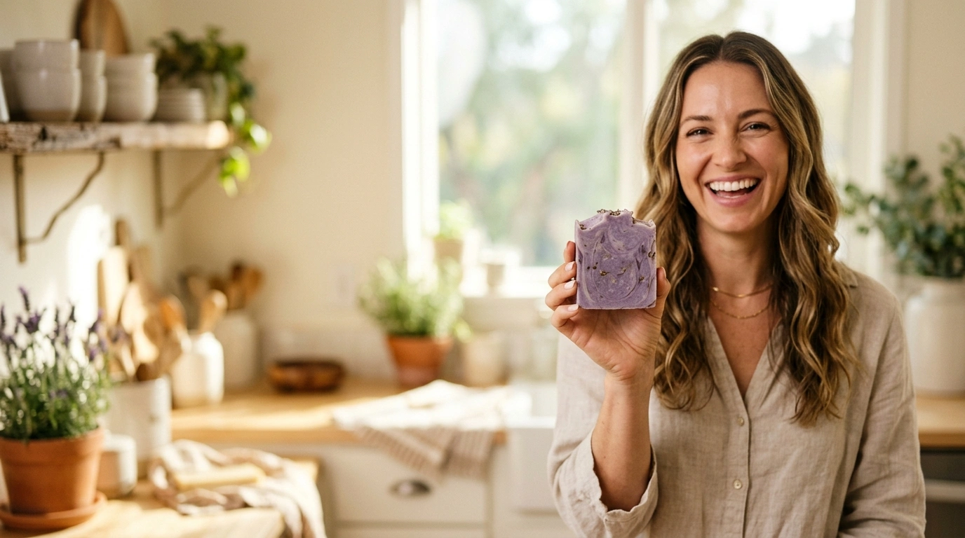 A smiling woman holding a bar of lavender handmade soap
