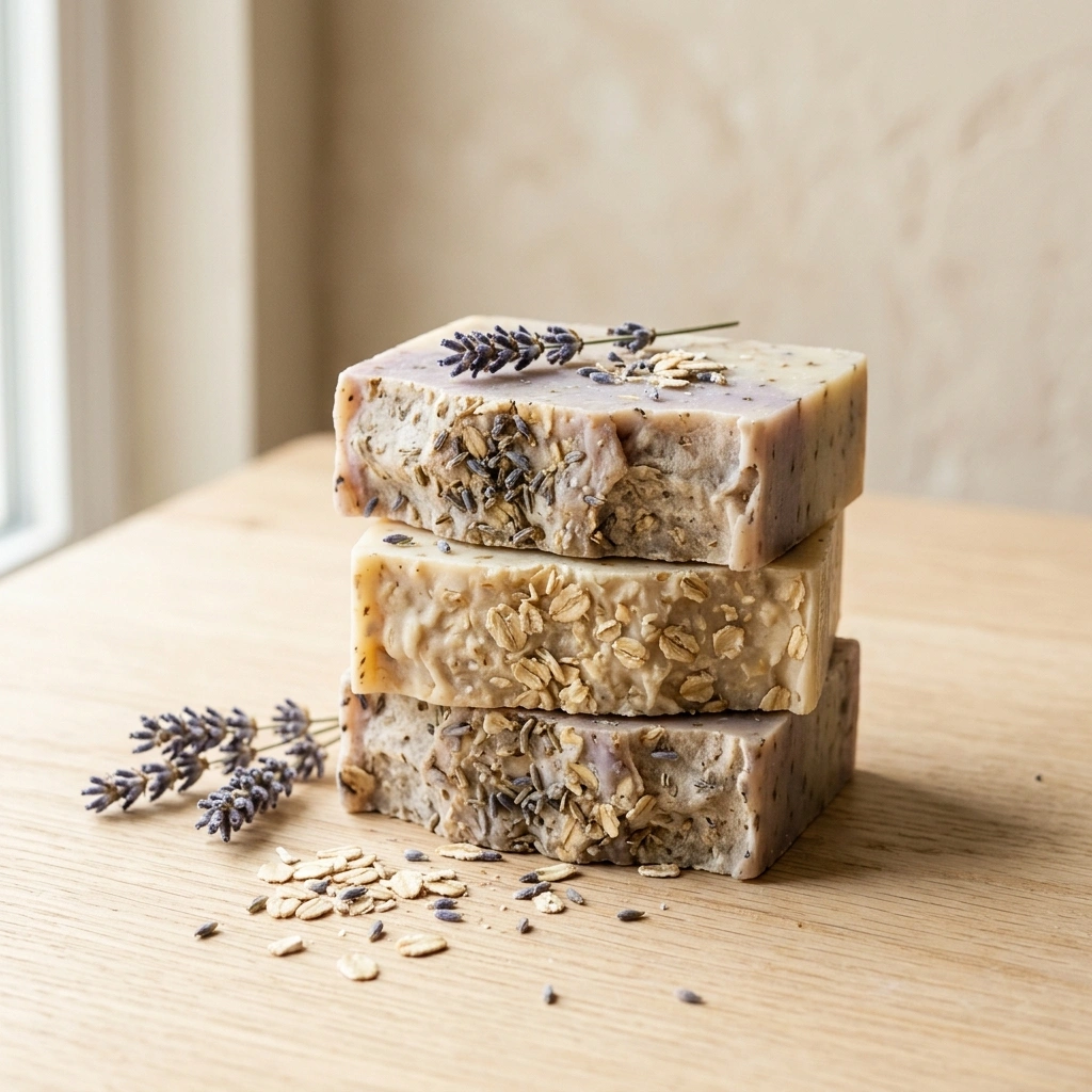 Stacked lavender and oatmeal handmade soap bars with dried lavender