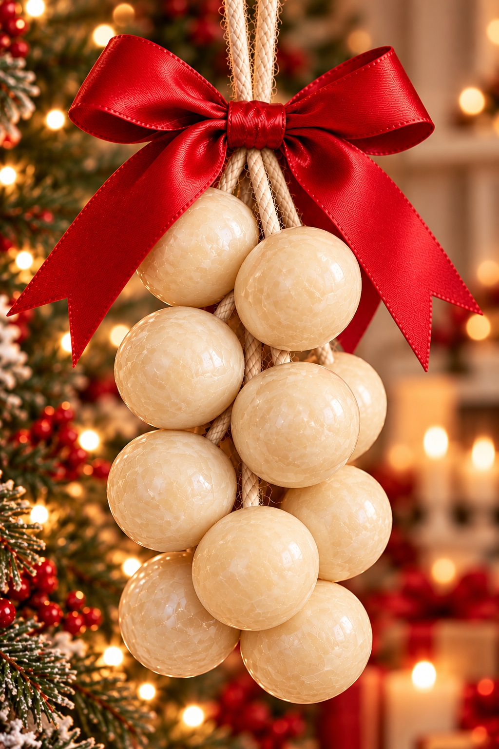 Cream handmade hanging soap spheres on a rope with a red ribbon