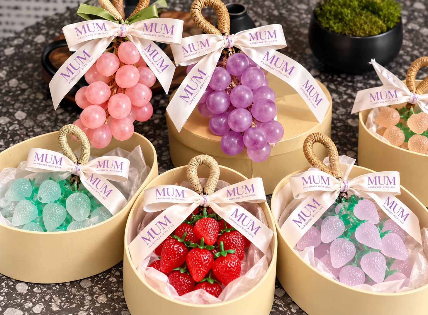 Fruit-shaped MUM hanging soaps in round gift boxes tied with ribbon