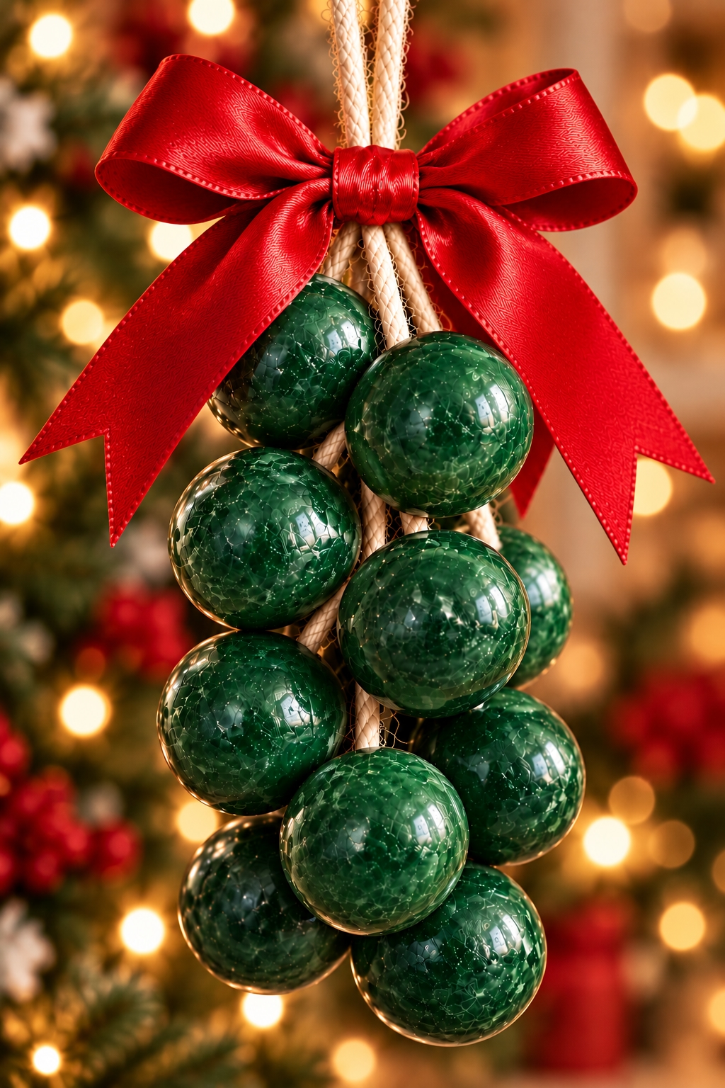Green handmade hanging soap spheres on a rope with a red bow