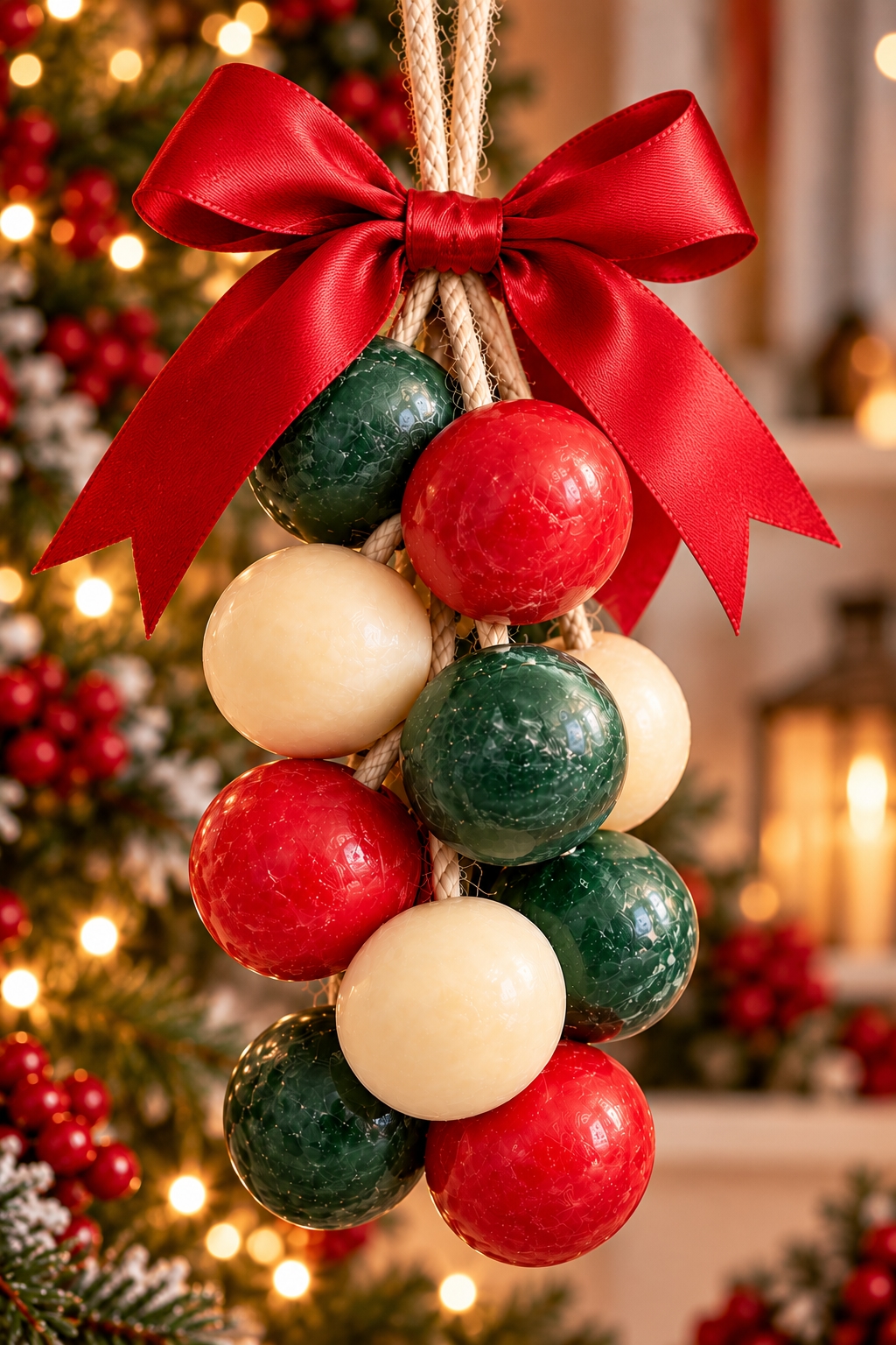 Red, green and cream handmade hanging soap spheres on a rope with a red bow